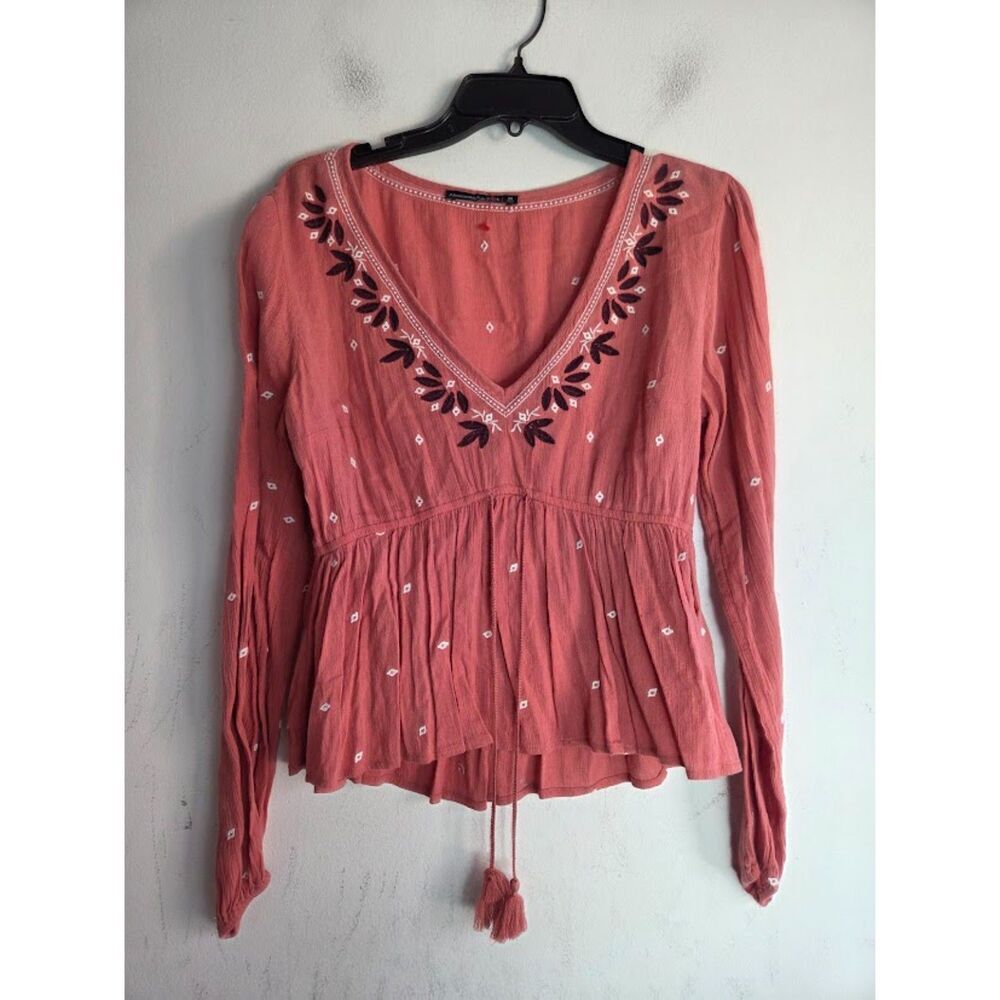 Abercrombie & Fitch Y2K Pink Floral Embroidery V-Neck Babydoll Blouse sz Medium